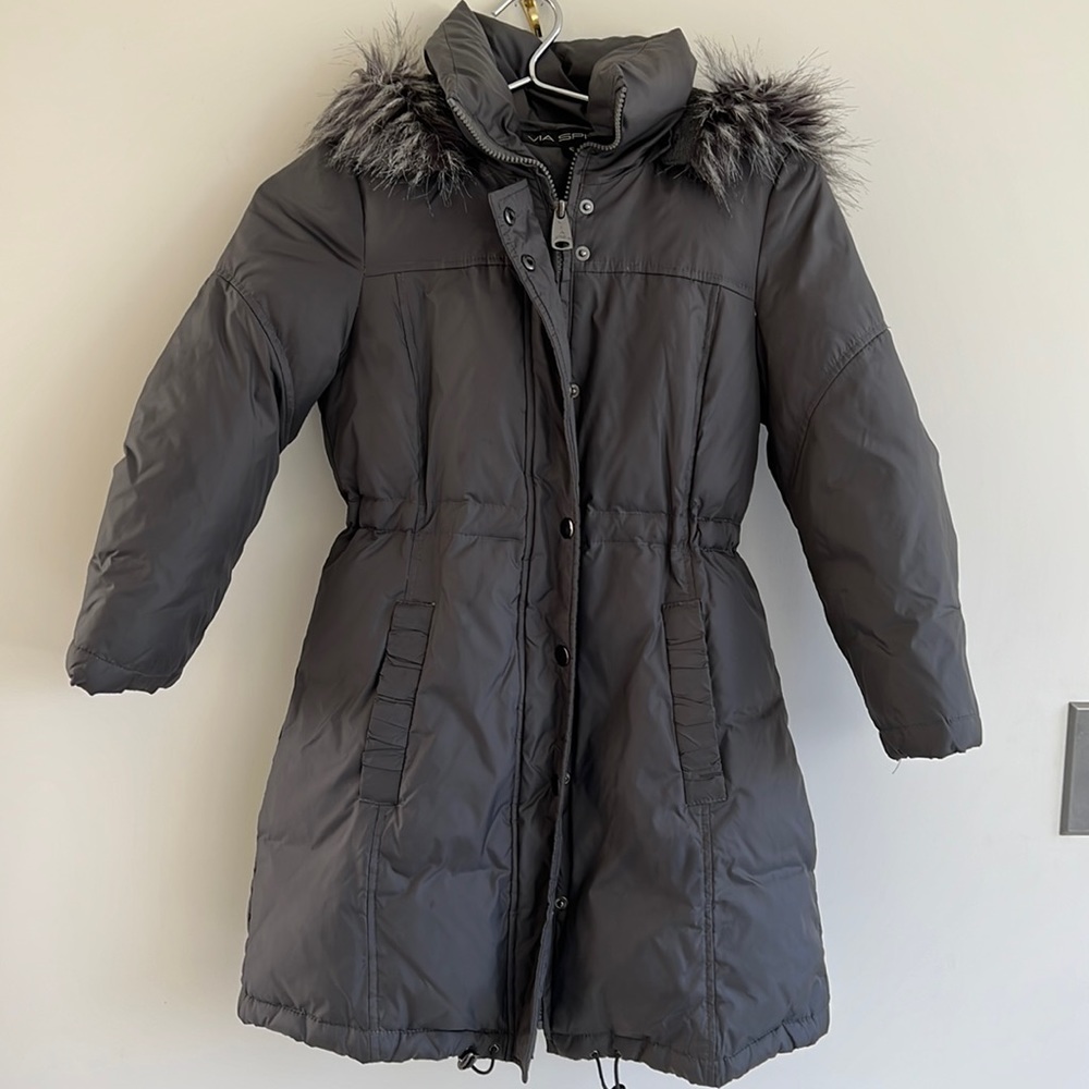 EUC Via Spiga Gray Puffer Coat Jacket Girls Sz S Hooded Faux Fur Fleece
